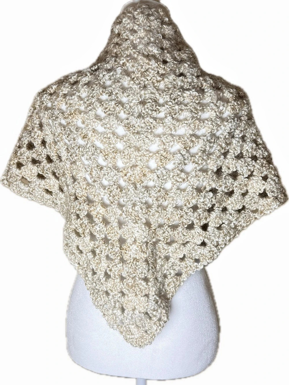 Handed Crocheted Knit Poncho in Cream & Gold